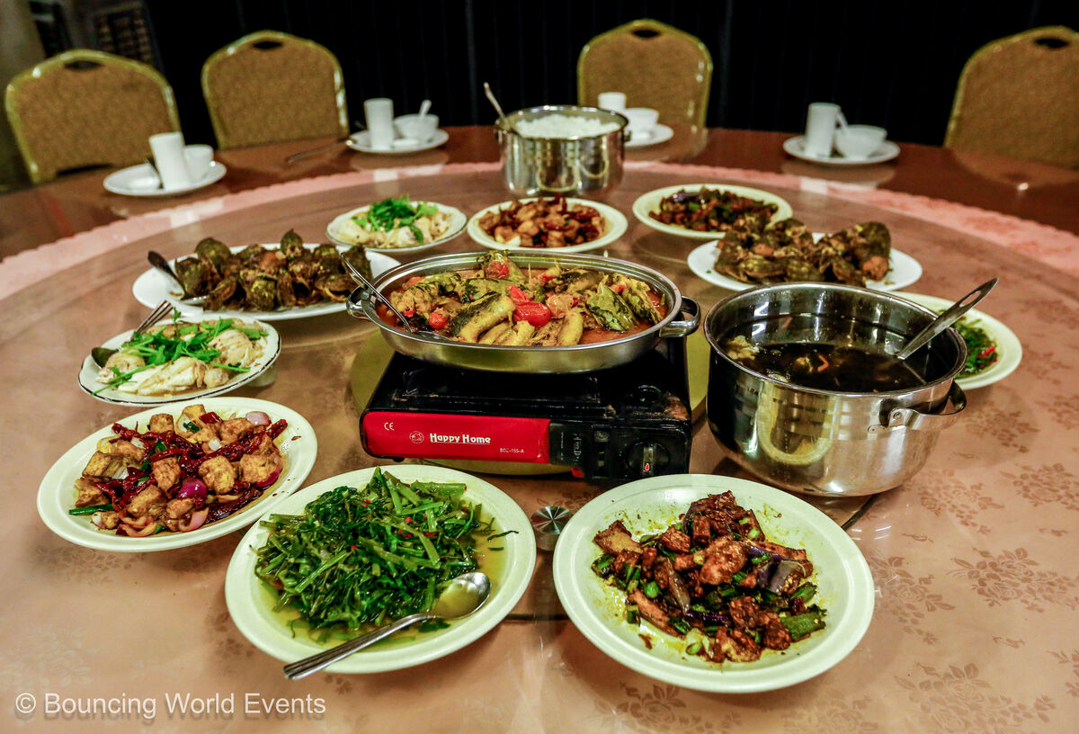 Family-style 8-dish dinner spread